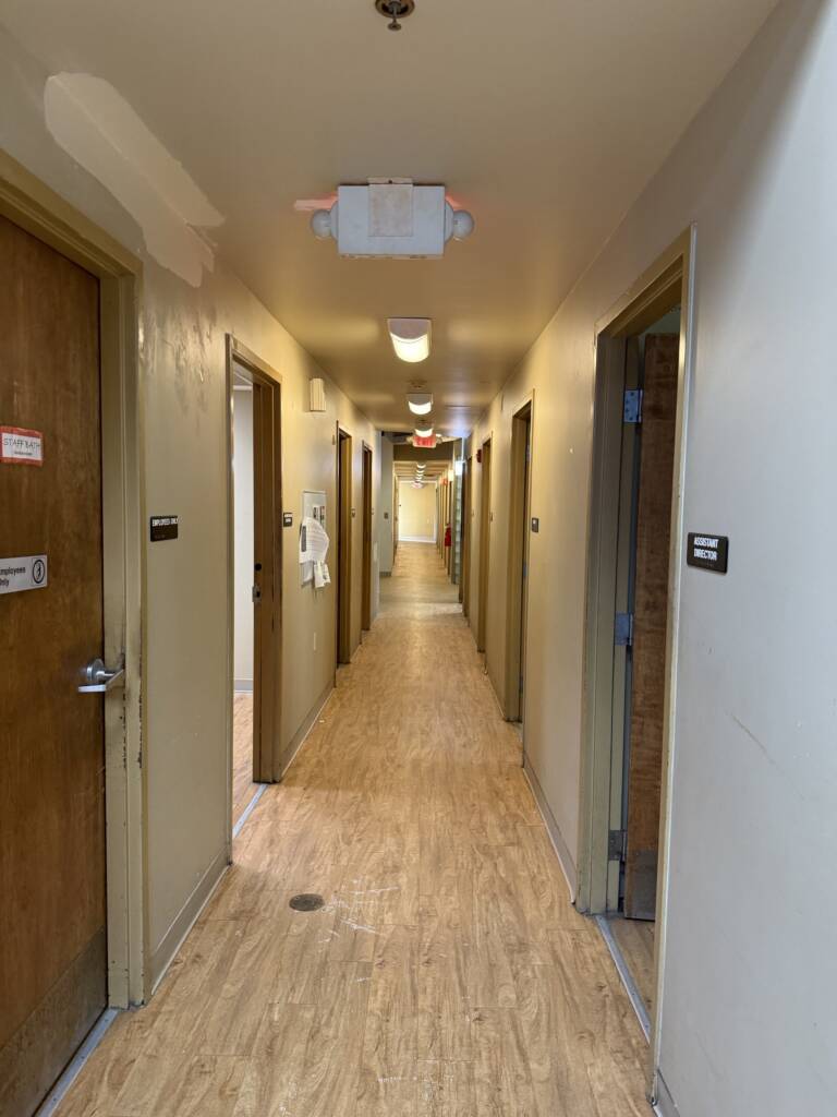 A residents' hallway in O'Hern House in September 2025, prior to renovations.